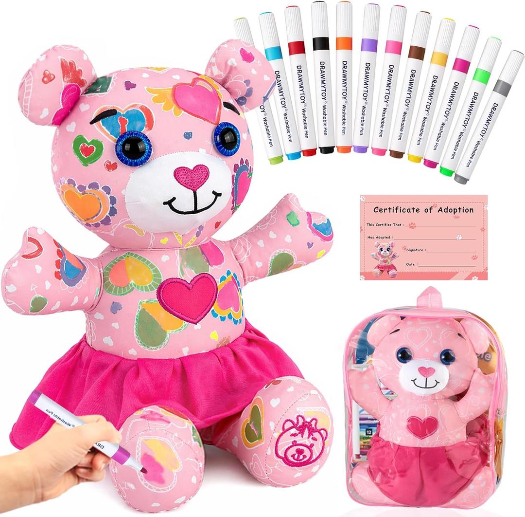 DRAWMYTOY Coloring Plush Toy with Washable Markers for Little Girls Doodle Dolls for Kids Ages 3-8 Birthday (Pink Bear)