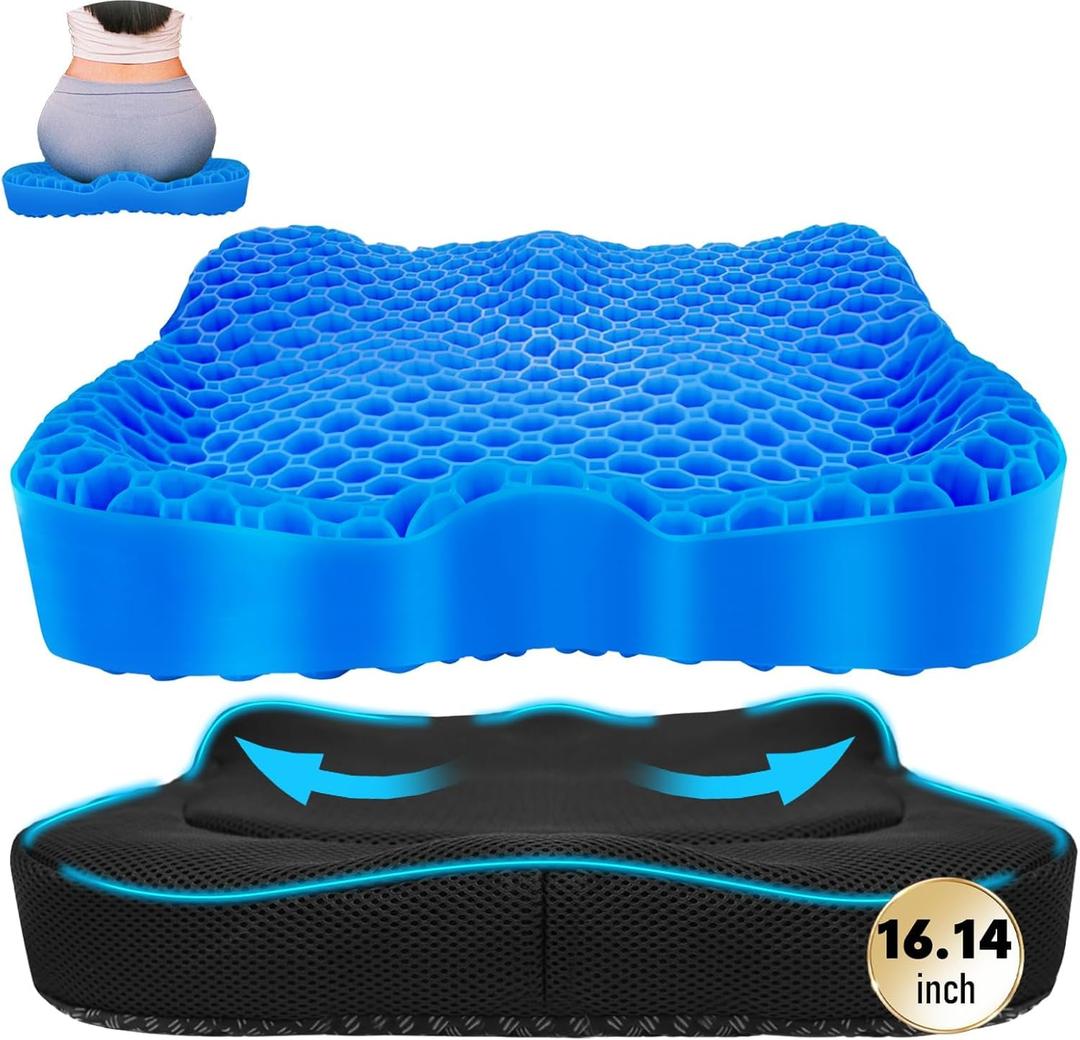 Cooling Gel Seat Cushion, Thickened Big Breathable Honeycomb Design Absorbs Pressure Points Gel Cushion with Anti-Slip Cover Cooling Seat Cushion for Office Chair Home Car Seat Cushion for Wheelchair (X-Large(16.1"*14.2"*2.95"), Blue)