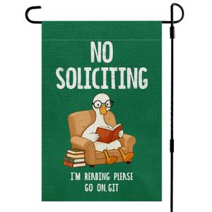 No Soliciting Garden Flag, Funny Reading Goose Double-Sided Burlap Yard Flag for Outside Porch Decor, 17.7 x 11.8 in
