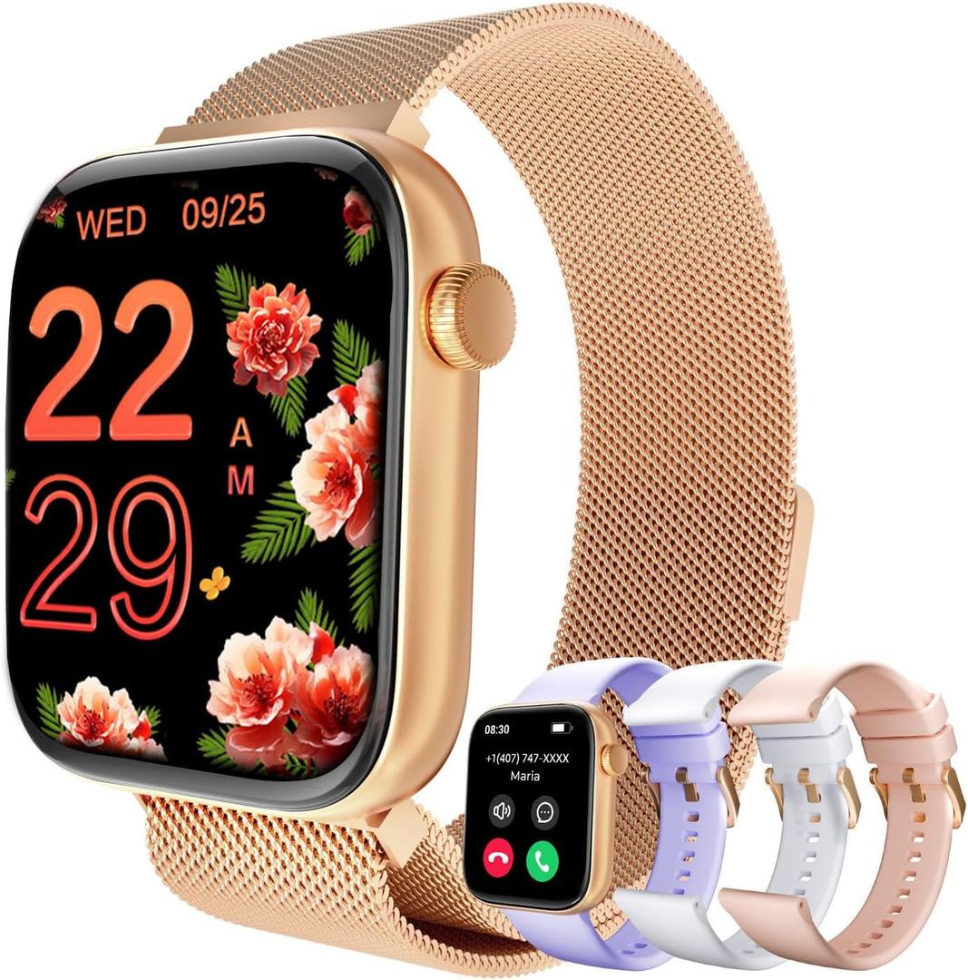 MIDDOW Smart Watches for Women Men, 1.85 Inches AMOLED Screen (Answer/Make Calls), Heart Rate/Sleep Monitor, Fitness Tracker Watch with AI Voice, 100+ Sports Modes (4 Straps) (Rose Gold)