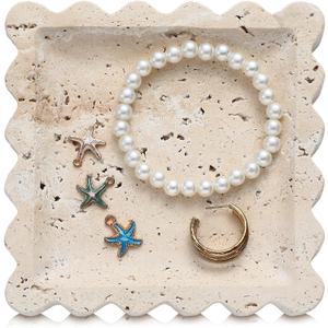 5.5 Inch Small Travertine Scallop Edge Stone Tray Decorative Marble Jewelry Dish Tray Gift(Square)