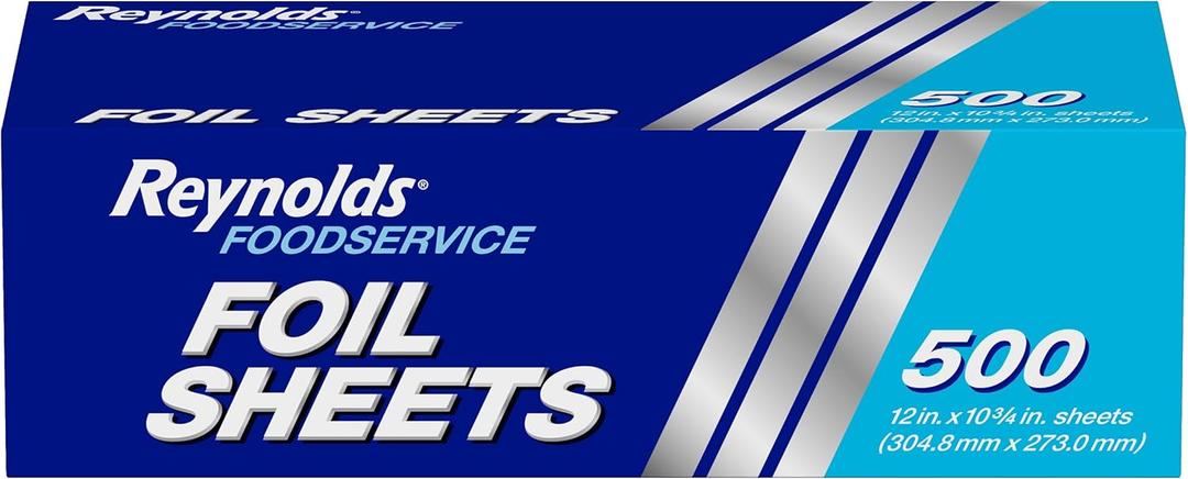 Reynolds Foodservice Pre-Cut Aluminum Foil Sheets, Great for Concessions, Catering, Cafeterias, and Restaurants, Easily Moldable Around Food, 12 x 10.75 Inches, 500 Ct.