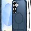 RMOCR for Samsung Galaxy S25 Plus Case with Screen Protector+Lanyard Wrist Strap, Magnetic Translucent Matte Rugged Slim Phone Cover Built in Invisible Kickstand [Fit for MagSafe],2025 Navy Blue