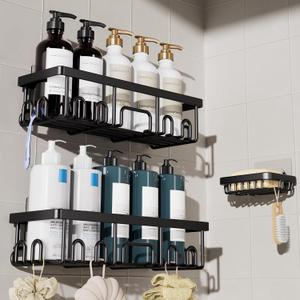 Veken Shower Caddy 3-Pack, Advanced Rustproof Design, No Drilling Adhesive Shelves, Rack with Soap Holder, Large Capacity Bathroom Organizers and Storage, Wall-Mounted Kitchen & Home Decor, Black