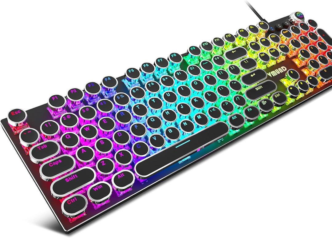 K968 Retro Typewriter Mechanical Gaming Keyboard - RGB Backlit Wired with Blue Switches, Media Control Knob for PC