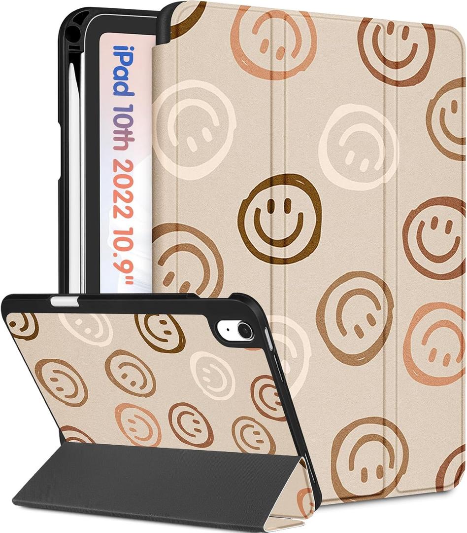 for iPad A16 Case 2025 - for iPad 10th Generation Case Cute Women Girls Kids Girly Kawaii Teens Smile Design Pencil Holder Auto Sleep/Wake Tablet Cover for Apple 11/10 10.9 Inch