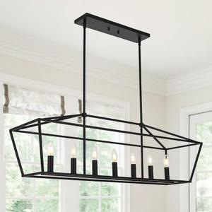 MELUCEE 7-Light Dining Room Light Fixtures Over Table, Farmhouse Chandelier Light Fixture Black Industrial Linear Pendant Lights Kitchen Island Candle Lantern Chandelier, E12 Base (36.3 inches)
