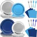 96Pcs Navy Blue and Silver Birthday Party Decorations Blue and Silver Paper Plates and Napkins Sets Navy Tablewares Dinnerwares for Men and Boys Birthday Baby Shower Party Supplies Favors 24 Guest