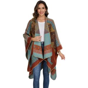 Shawl Wraps for Women, Elegant Knitted Cape Open Front Poncho Scarf Blanket Cardigan Coat for Spring, Autumn, and Winter (Orange Blue 2)