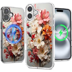 Magnetic Clear Case for iPhone 16 Plus, Floral Printing Pattern Design for Women Girls Shockproof Flower Protective Bumper Non-Yellow MagSafe Case, 6.7 (Pic 8)