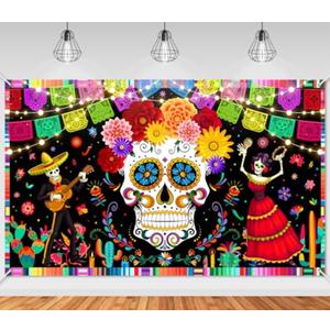 Mocsicka Day of The Dead Party Backdrop Banner Mexican Fiesta Skull Flowers Backdrop Dia DE Los Muertos Party Decorations Photo Booth Props (6x3.6ft)