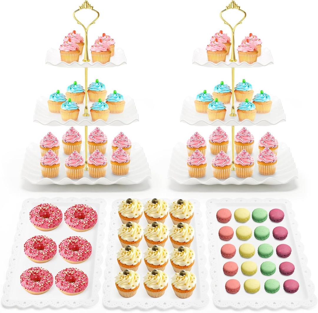 Coitak 5 Pieces Cupcake Stand Set, 2 Pieces 3 Tier Cupcake Stands with 3 Pieces Appetizer Trays, Dessert Tower Tray for Tea Party