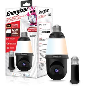 Energizer Smart 2K Light Bulb Security Camera, 1000 Lumens LED Light, 5GHz & 2.4GHz Wi-Fi Outdoor Socket Camera, Auto Tracking, Pan and Tilt, Night Vision, 2-Way Audio, Works with Google Home & Alexa (Black)
