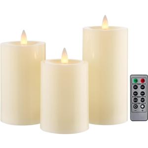 Flameless Pillar Candles Flickering with Remote Timer, Battery Operated LED Candles Up to 400 Hours, 3D Moving Flame Real Wax Candles, Set of 3, D3 x H4, 5", 6",Remote Included(Ivory)