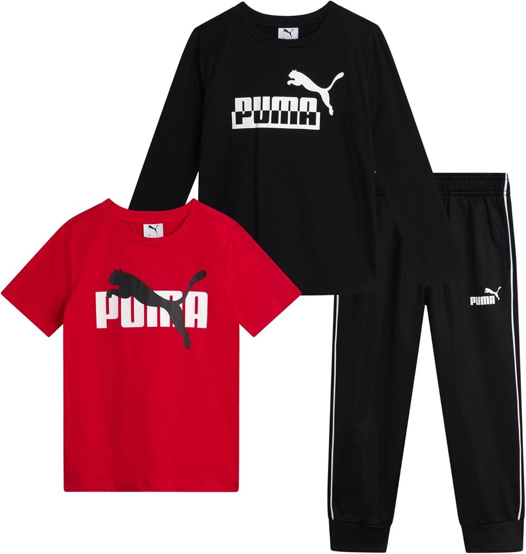 PUMA Toddler Boys Pants Set - 3 Piece Short Sleeve T-Shirt, Long Sleeve T-Shirt and Tricot Pants - Boys Activewear Set, 2T-7, Size 4, Red/ Black