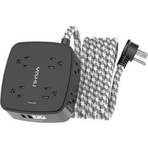 Surge Protector Power Strip - YISHU 8 Outlets with 4 USB (2 USB C) Charging Ports, 10Ft Braided Extension Cord, Flat Plug Multi Plug Outlet Extender Charging Station for Home Office, ETL, Black