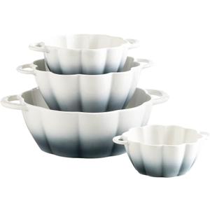 4 Piece Mixing Bowls Set, Cute Pumpkin Nesting Bowls for Kitchen, Ceramic Serving Bowls for Prepping, Pasta, Dessert, Salad, Soup, etc - Kitchen Cooking and Baking Supplies (White and Blue)