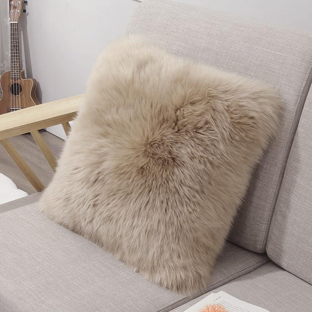 LLB Genuine Sheepskin Throw Pillow Covers Fluffy Decorative Square Couch Pillow Covers 18x18 Pillowcase for Sofa Bedroom Living Room, No Pillow Insert (Long Wool Cream Brown, 18x18 Inch (Pack of 1))