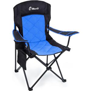 EMERIT Oversized Padded Camping Chair, 350LB Heavy Duty Quad Fold Chair with Arms, Collapsible Outdoor Chairs with Lumbar Back & Cup Holder
