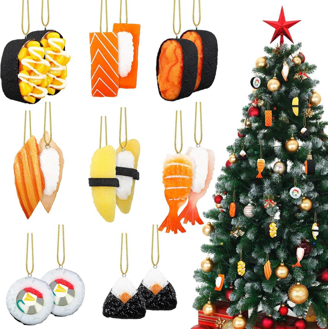 16 Pcs Sushi Ornaments for Christmas Tree Japanese Food Hanging Decorations with Rope Funny Plastic Sushi Ornaments Decor for Christmas Tree Xmas Party Nigiri Warship Roll