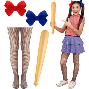 Jecery Set of 4 Halloween Clown Costume Cosplay Accessories Halloween Costume Full Uniform Set Cute Party Dress up Cosplay for Themed Parties Bow Hairpin Fishnet Socks Baseball Bat