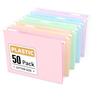 Sooez Tear-Resistant Plastic Hanging File Folders Letter Size, 50 Count File Organizer Suitable for File Cabinet Filing Cabinets, 1/5-cut Adjustable Tabs for Office, School, Pastels Colors, Pink