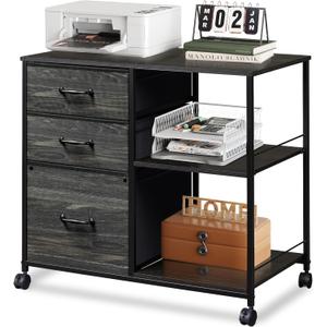 DEVAISE 3 Drawer Mobile File Cabinet, Rolling Printer Stand with Open Storage Shelf, Fabric Lateral Filing Cabinet fits A4 or Letter Size for Home Office, Charcoal Black Wood Grain Print