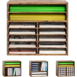 Alpeir 12x12 Scrapbook Paper Storage for Craft Room, Stackable 12 Slots with Adjustable Shelves, Wooden Craft Storage Organizer for A3 A4 Paper Storage Scrapbook Supplies Vinyl Roll, Anqitue