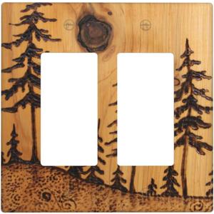 Rustic Wood Print Pine Tree Double Rocker Light Switch Cover Electrical Decorative Mountain Forest Wall Plate Mid Size Farmhouse Switchplate Faceplate for Bathroom Bedroom Kitchen 2 Gang