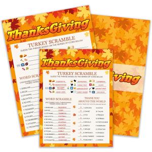 Thanksgiving Fall Game Card Set 3-in-1  Autumn Leaves & Maple Design  Includes 20 x 6" x 8" Cards + 1 x 4" x 6" Answer Card  Perfect for Turkey Day Parties & Family Activities - A05