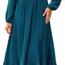Dokotoo Fall Outifits for Women 2025 V Neck Puffy Long Sleeve Flowy Wedding Guest Dresses Swing Casual Long Dress Tiered Ruffle A Line Elegant Cocktail Party Dresses Blue, Small