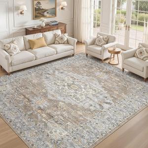 9x12 Washable Area Rugs for Living Room: Non Slip Vintage Brown Gray Rug, Large Soft Stain Resistant Indoor Floor Carpets for Bedroom Dining Room Nursery Home Office Kid & Pet Friendly