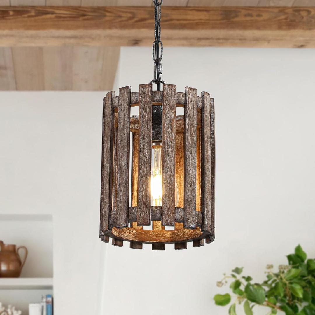 Farmhouse Rustic Pendant Light, 1-Light Round Cage Pendant Lighting Fixture with Adjustable Chain for Kitchen Island Hallway Dining Room Bar, Solid Wood (6.88'' x 8.66'')