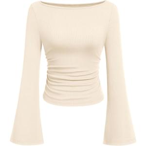 PRETTYGARDEN Womens Long Sleeve Shirts 2026 Spring Crop Going Out Tops Casual Boat Neck Bell Sleeve Ribbed Ruched Y2K Clothes (Small, Beige)