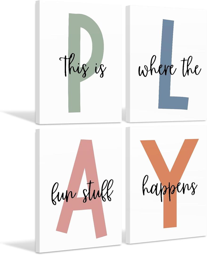 Kids Playroom Wall Art Boys Room Wall Decor Childrens Playroom Canvas Prints Baby Boy Kids Room Poster Decor Toddler Nursery Print Artwork Let'S Play Sign 12x16 Inch Set of 4 Ready to Hang