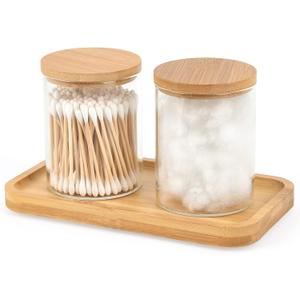 BKYFPQ Bamboo Vanity Tray, Bathroom Tray Organizer Glass Qtip Holder Dispenser Apothecary Jars for Cotton Swabs Balls, Round Pad, Perfume Candles, Cosmetics and Jewelry Storage Organizer
