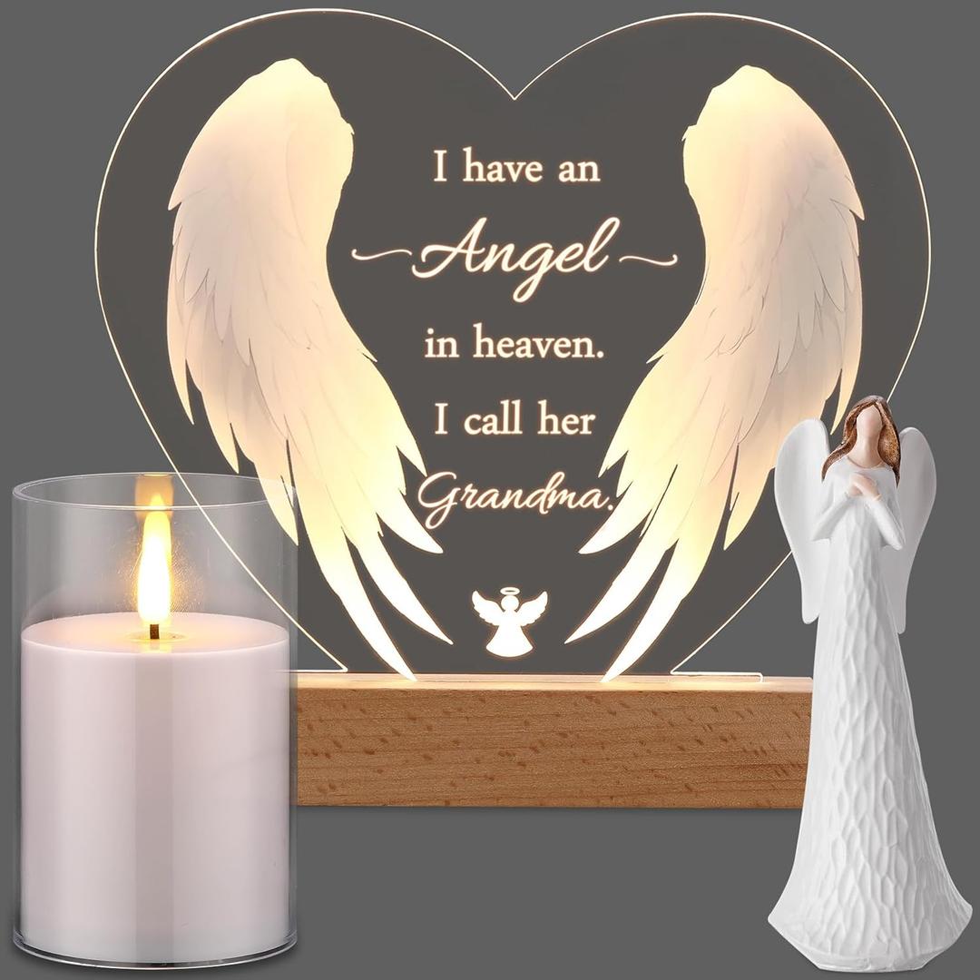 Sympathy Gifts for Loss of Loved One,Clear Acrylic Night Light LED Candle and Angel Memorial Bereavement Gifts for Grandmother Mother's Day in Heaven Memorial Ornament(Heart,Grandma)