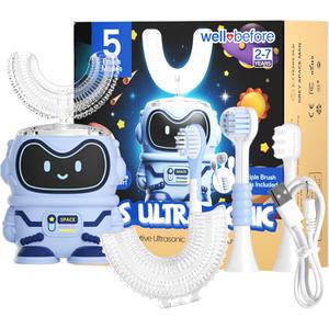 Well Before Ultrasonic Kid's U-Shaped Electric Toothbrush, IPX7 Waterproof, Five Cleaning Modes (Spaceman, Blue Ages 2-7)
