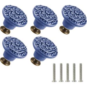 Greyish Blue Ceramic Knobs 5 Pack Flower Drawer Pulls Vintage Cabinet Knobs - Antique Dresser Pulls with Screws for Closet Drawer Cupboard Cabinet and DIY Home Project