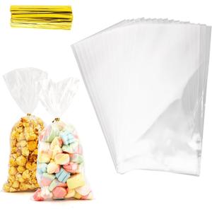 Leislam Cellophane Treat Bags, 100 PCS Clear Cellophane Bags, Plastic Cello Candy Cookies Goodie Gift Bag with 100 PCS Gold Twist Ties for Graduation Spring Birthday Party Favors Supplies 5x11 Inch