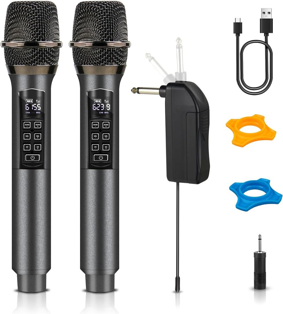 Wireless Microphones for Karaoke Singing, Professional Dual Cordless Mic System with 500ft Range, Rechargeable Receiver, 2.4GHz Auto-Connect, AI Noise Cancelling, Echo/Vol Control for DJ Church Party