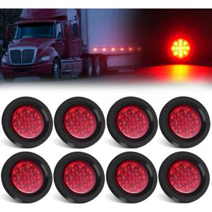8Pcs 2.5 Inch Red Round 13 LED Side Marker Clearance Lights with Light Grommet and 2-prong Wire Pigtail for Trailer Truck RV, Flush Mount, 12V, IP67 Waterproof