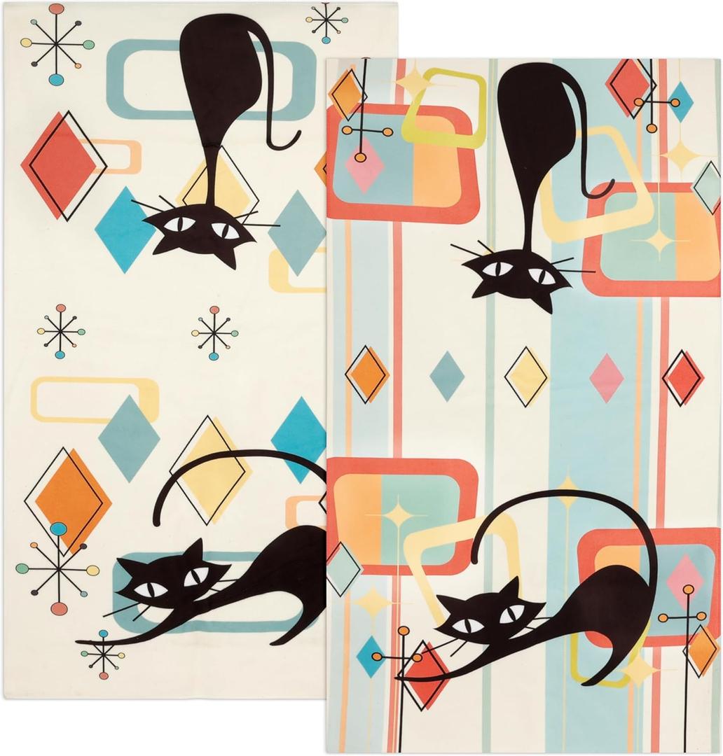 Mid Century Modern Cats Kitchen Towels Decorative Set 2 Pack Absorbent Retro Hand Towels Cute Black Cat Tea Towel Dish Towels for Kitchen Bathroom Home Decorations 16"x 28"