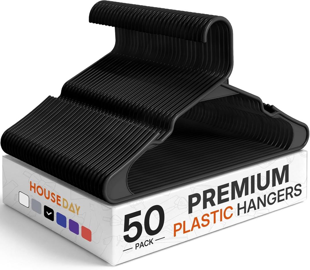 HOUSE DAY Plastic Hangers 50 Pack - Black Clothes Hangers with Non-Slip Shoulder Grooves, Durable and Sturdy Coat Hanger, Space Saving Slim Design Perfect for Closet Organizers and Storage