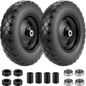 4.80/4.00-8 Flat Free Wheelbarrow Tire and Wheel (2-Pack) | 16" Solid Puncture Proof Tires with 5/8" & 3/4" Bearings, 3"-7" Adjustable Hub, Universal Fit for Garden Cart & Hand Truck