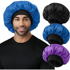 3Pcs Satin Bonnets for Men, Hair Bonnet for Sleeping Women Soft Elastic Band Silk Sleep Bonnet for Curly Hair Braids