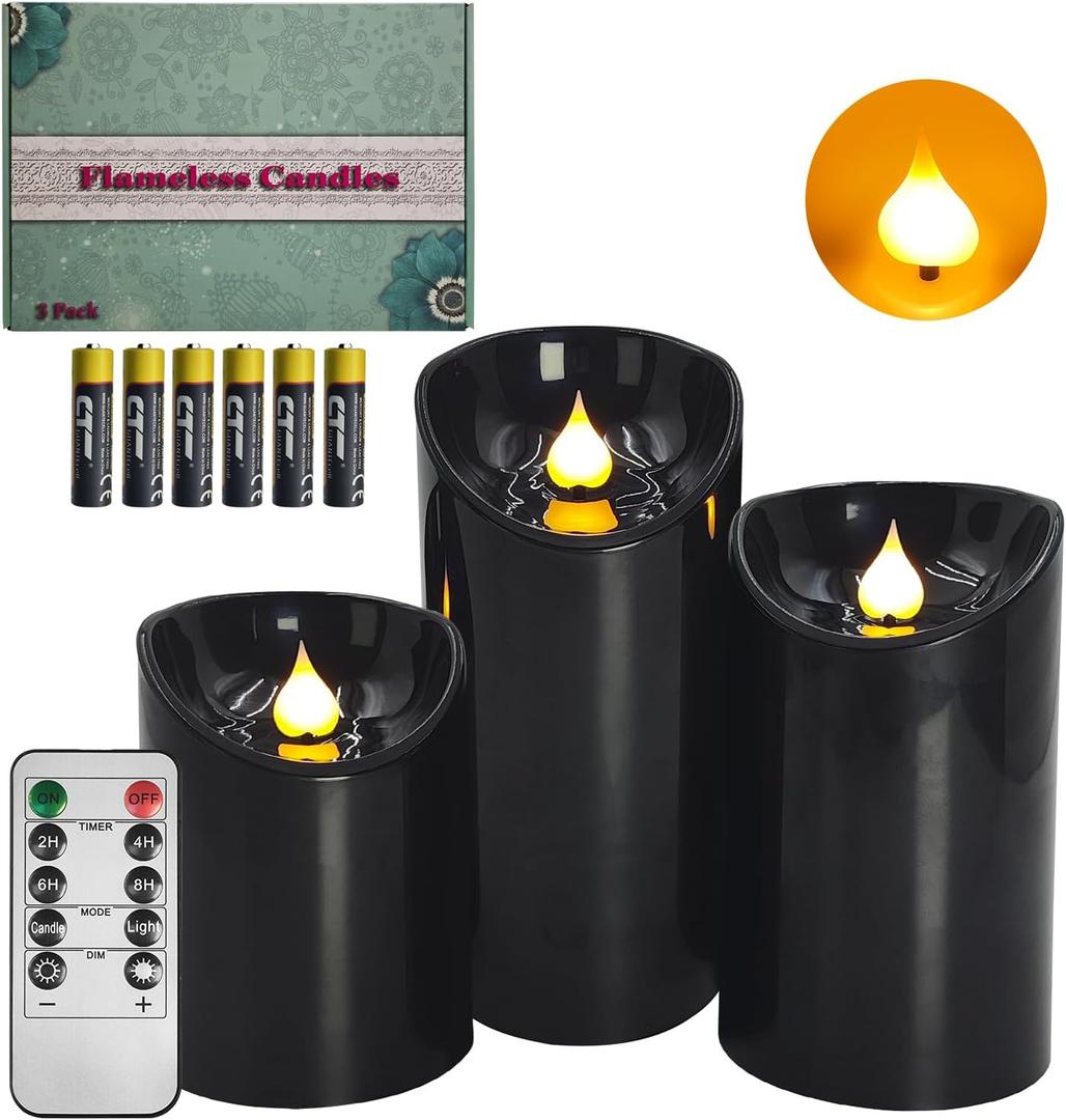 Battery Operated Pillar Candles, 3 Pack Black Flickering LED Candles with Remote and Timer, Indoor & Outdoor Flameless Candles, 15-Day Runtime