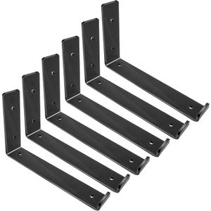 Shelf Brackets 10 Inch, Heavy Duty Black Metal Floating Shelf Bracket, Rustic Farmhouse Decorative Iron L Bracket with Lip/Hook, J Brackets Wall Angel Corner Brace for Wood Shelves - 6 Pack (6 Pcs 9.5"L x 6"H)