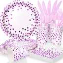 Purple Birthday Plates Decorations Party Supplies,168PCS Disposable Plates for 24 Guests - Purple Polka Dots Decorations for Birthday, Retirement, Wedding