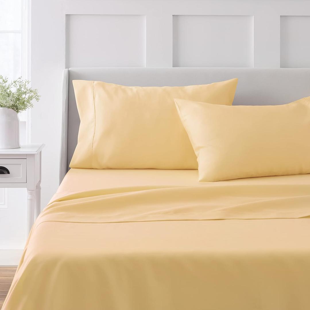 MARTHA STEWART 100% Cotton Queen Sheet Set - 4 Piece, Soft, Smooth, Durable, Easy Care, 16" Deep Pocket Sheets, Bedding Sheets, Sateen Sheets, 1 Flat, 1 Fitted, 2 Pillowcases, Yellow (Queen, Yellow)